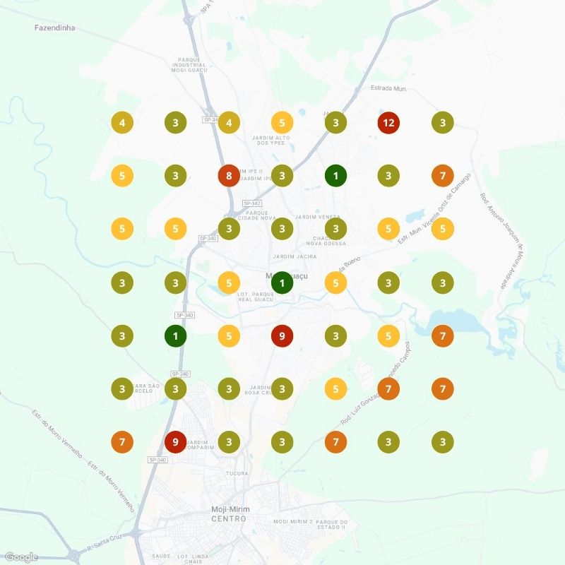 Mapa de posição do Google Meu Negócio do Dr. Samuel antes da otimização, com muitos pontos fora das 3 primeiras posições
