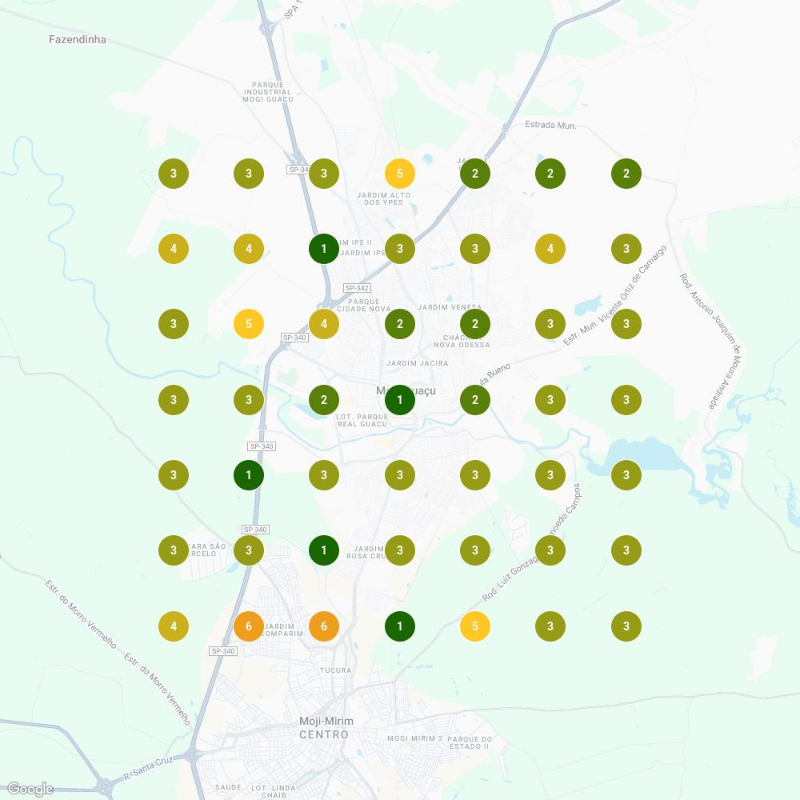 Mapa de posição do Google Meu Negócio do Dr. Samuel depois da otimização, com a maior parte dos pontos entre as 3 primeiras posições